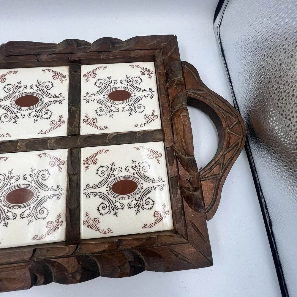 Vintage Hand Carved Mexican Folk Art Wood Serving Tray Ceramic Tiles 22 x 12.5